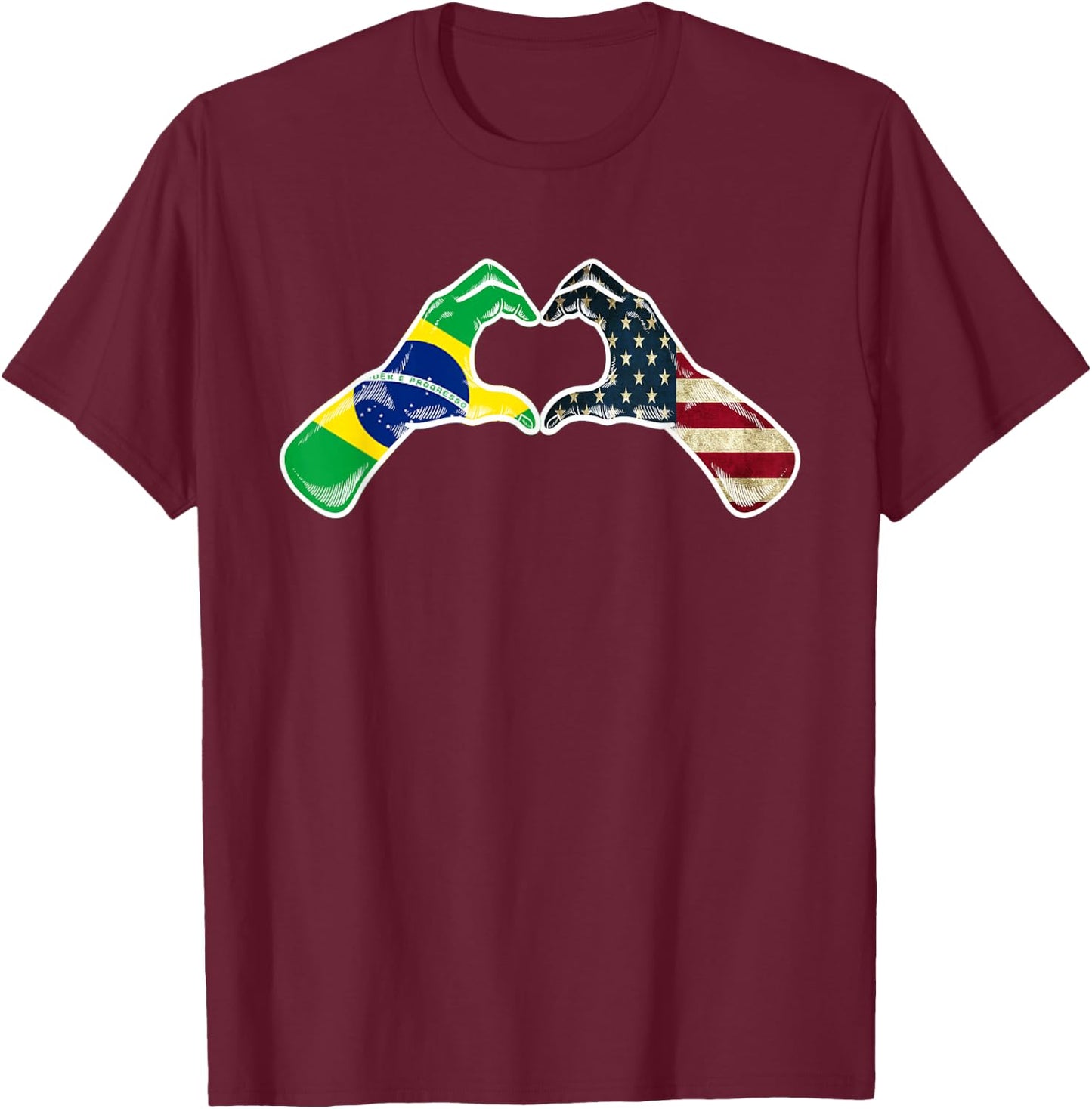 Brazil American USA Flag - USA Brazilian Heart T-Shirt - T-Shirt | Maroon