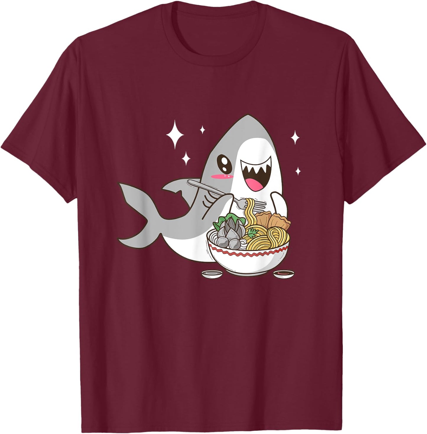 Cute Japanese Anime Chibi Kawaii Shark Eat Ramen Kids Girls T-Shirt - T-Shirt | Maroon