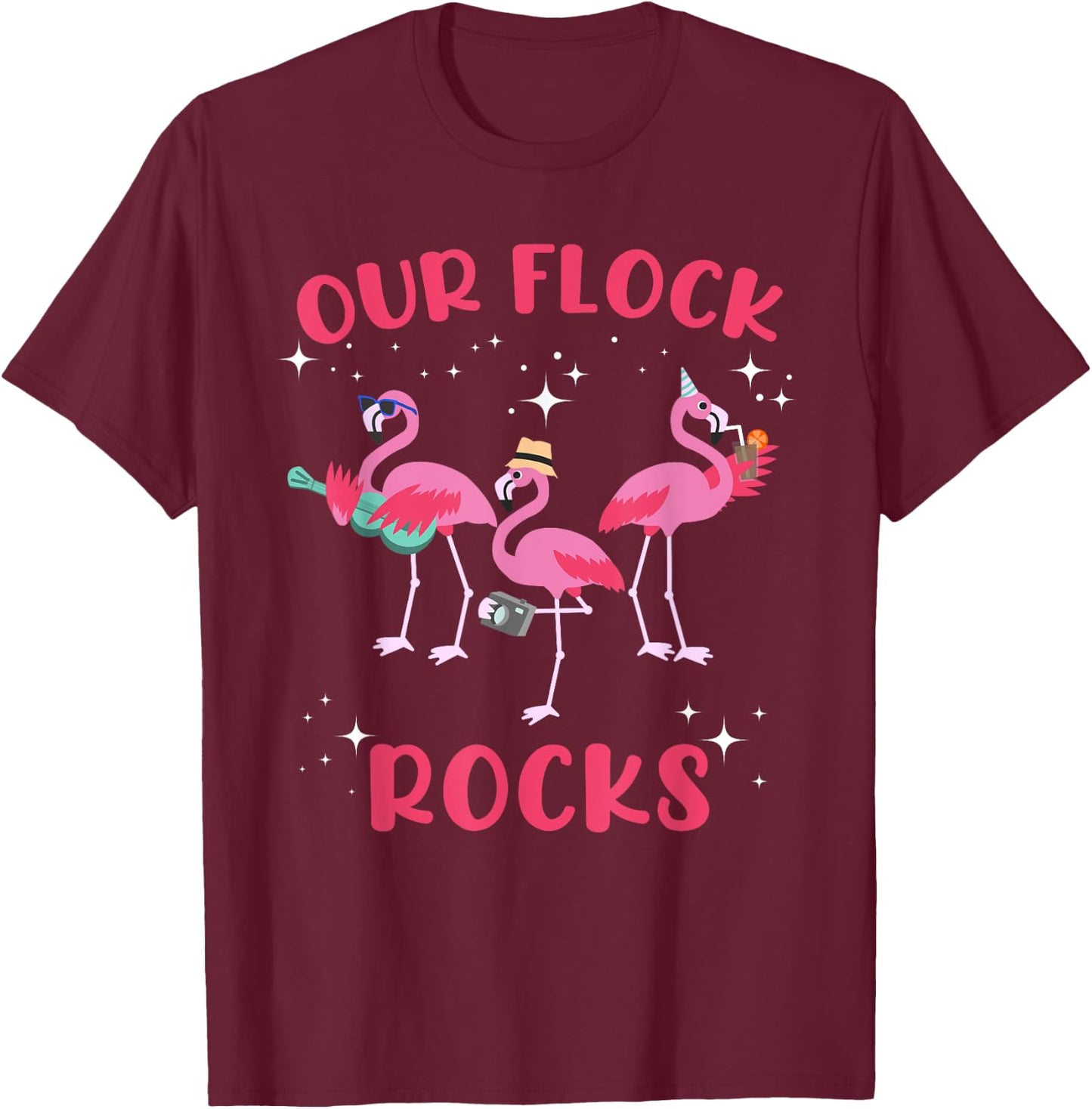 Our Flock Rocks Flamingo Matching Family Vacation Group T-Shirt - T-Shirt | Maroon