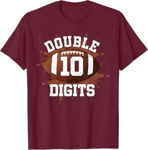 Double Digits Birthday Decorations Boy 10 Football 10th Bday T-Shirt - T-Shirt | Maroon