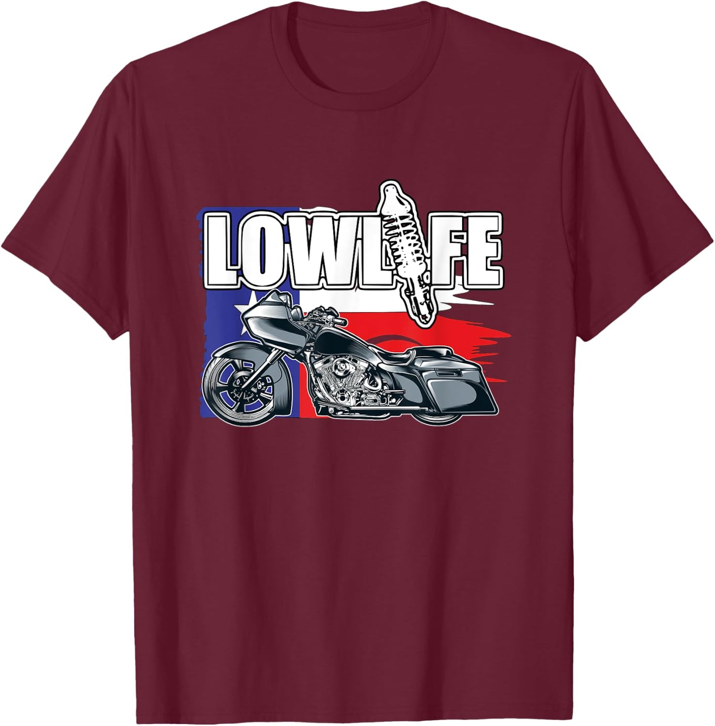 Chicano Vicla. Bagger Motorcycle, Texas Flag, Lowrider Bikes T-Shirt - T-Shirt | Maroon