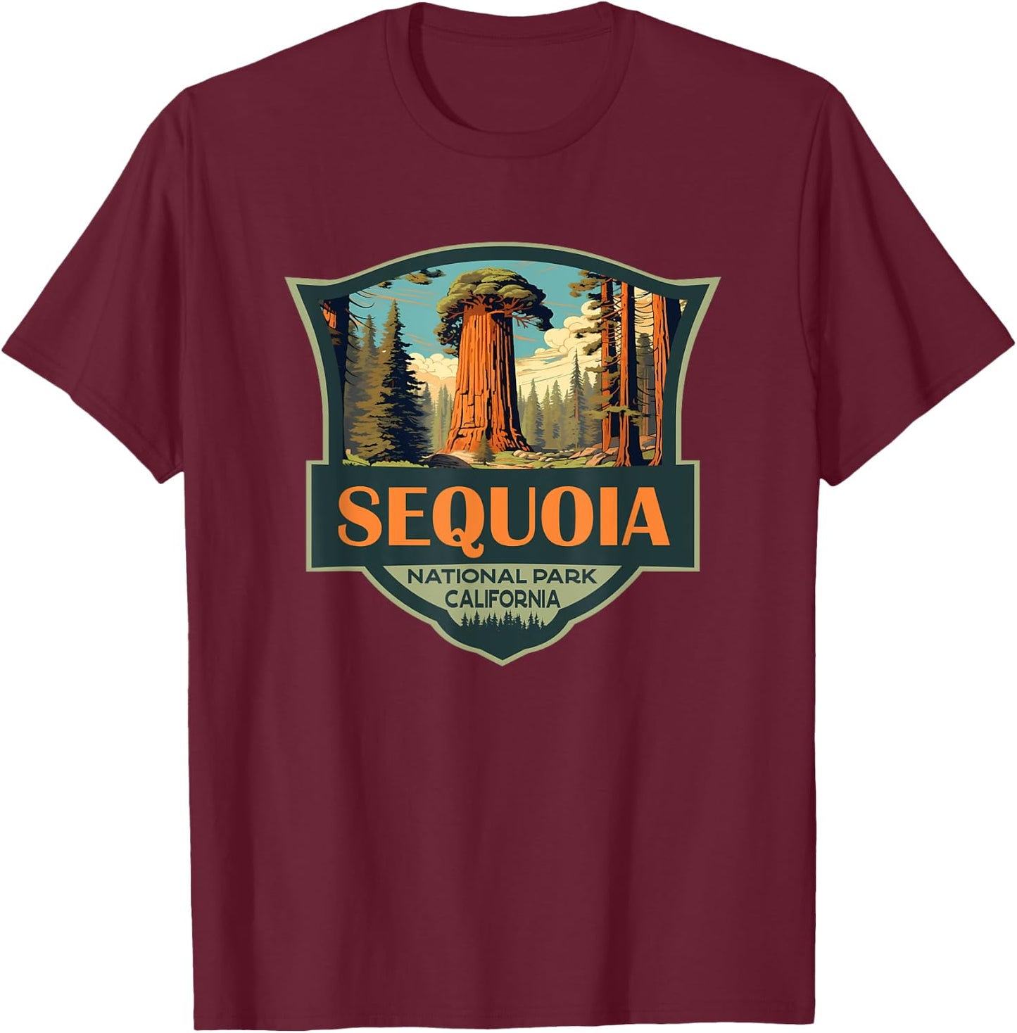 Sequoia National Park Illustration Travel Retro Badge T-Shirt - T-Shirt | Maroon