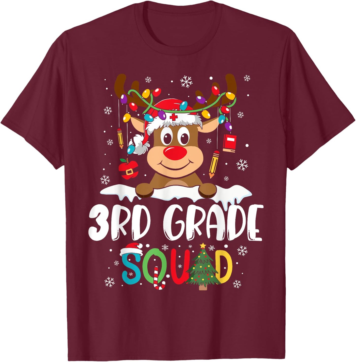 3rd Grade Teacher Squad Funny Reindeer Teacher Christmas T-Shirt - T-Shirt | Maroon