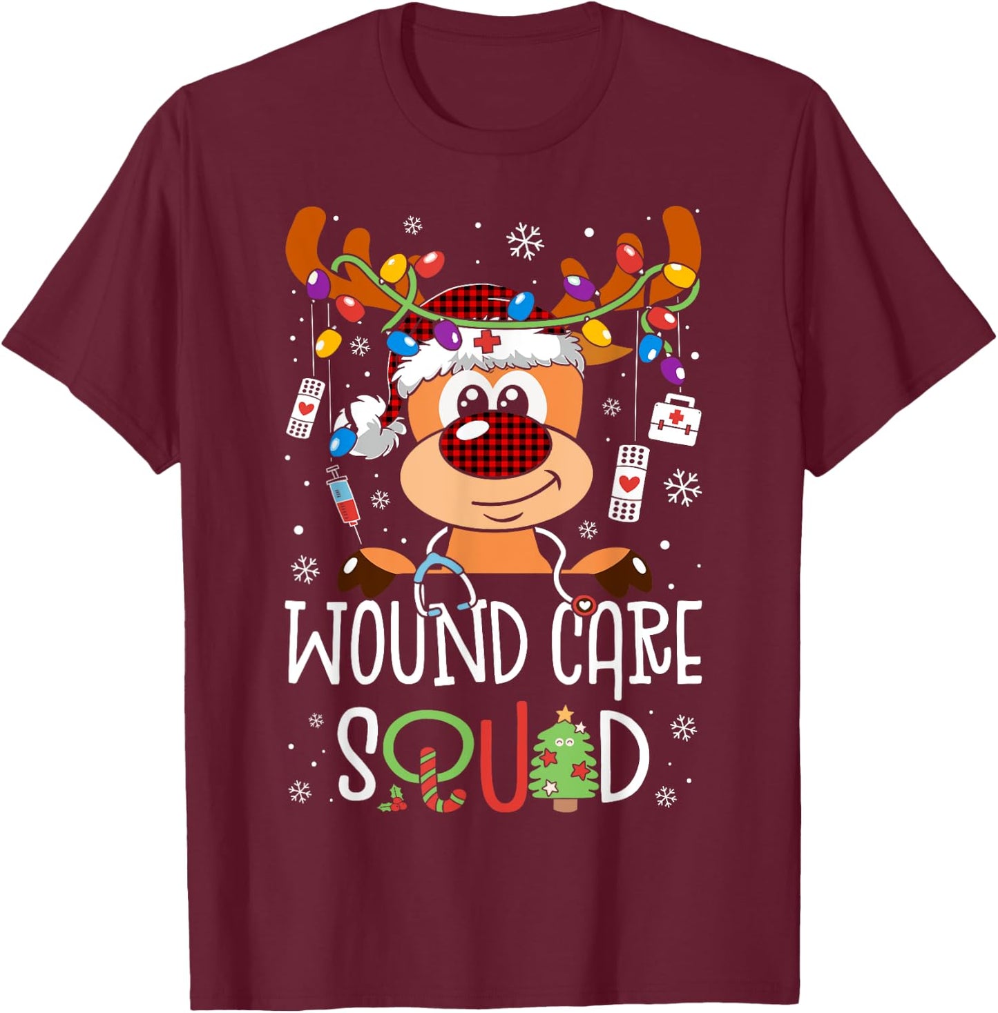 Reindeer Christmas Wound Care Squad Stethoscope Nurse T-Shirt - T-Shirt | Maroon