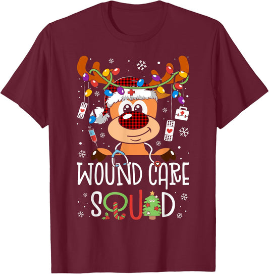 Reindeer Christmas Wound Care Squad Stethoscope Nurse T-Shirt - T-Shirt | Maroon