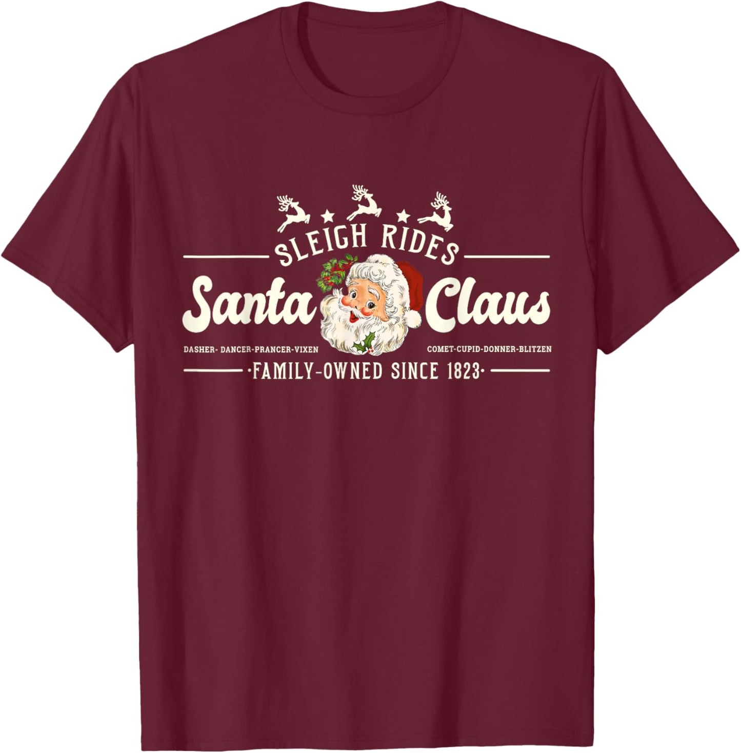 Vintage Santa Christmas Sleigh Rides Reindeer Retro T-Shirt - T-Shirt | Maroon