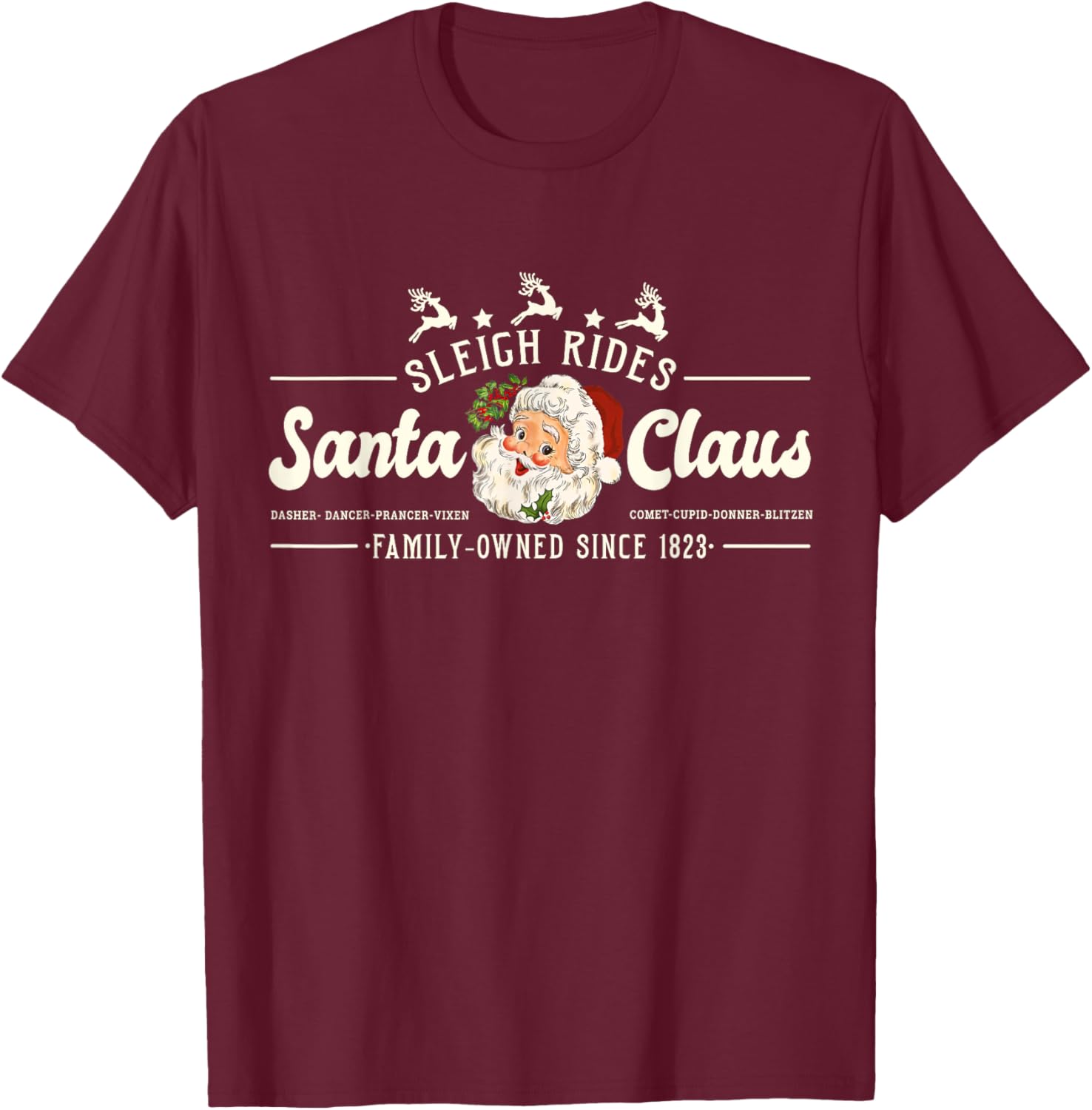 Vintage Santa Christmas Sleigh Rides Reindeer Retro T-Shirt - T-Shirt | Maroon