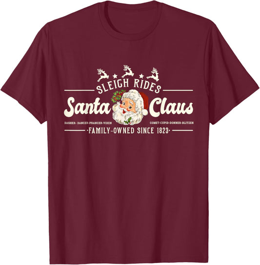 Vintage Santa Christmas Sleigh Rides Reindeer Retro T-Shirt - T-Shirt | Maroon