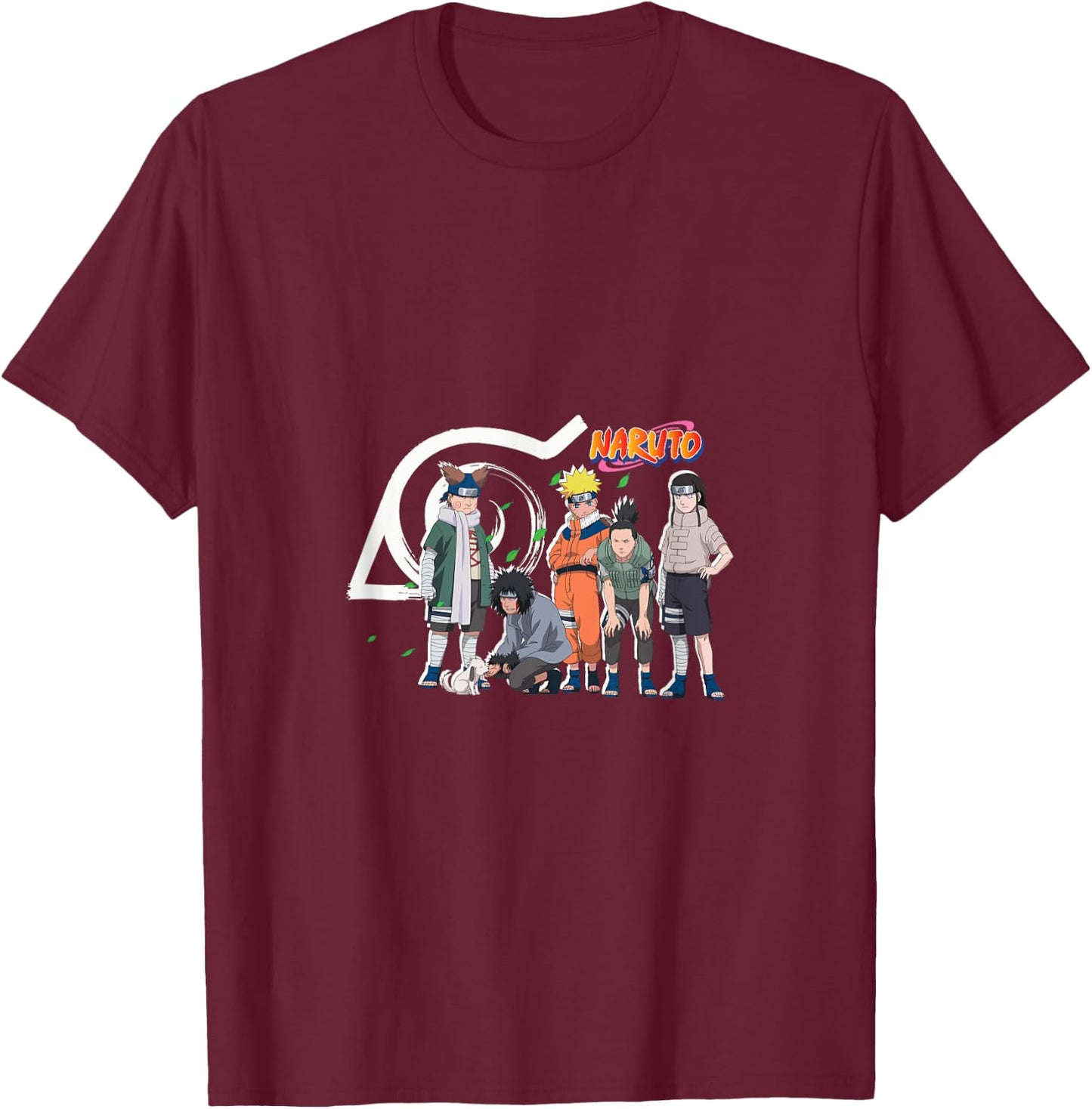 Naruto Characters & Konoha Emblem T-Shirt - T-Shirt | Maroon