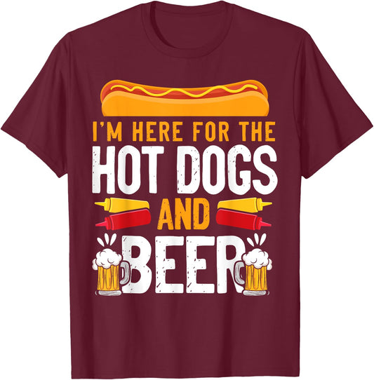 Hot Dog Adult I'm Here For The Hot Dogs And Beer T-Shirt - T-Shirt | Maroon