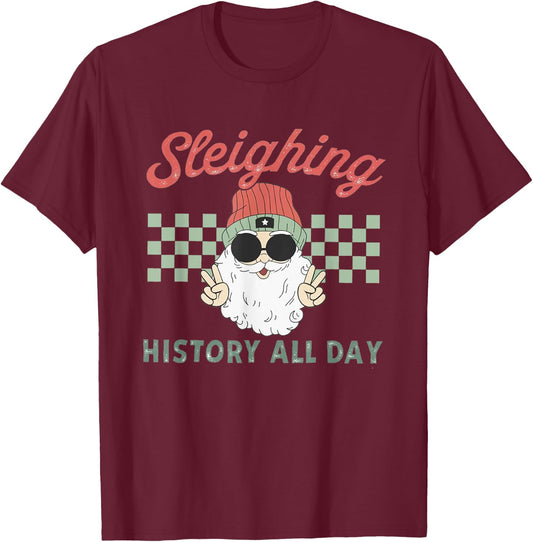 Women Retro Sleighing History All Day History Teacher Xmas T-Shirt - T-Shirt | Maroon