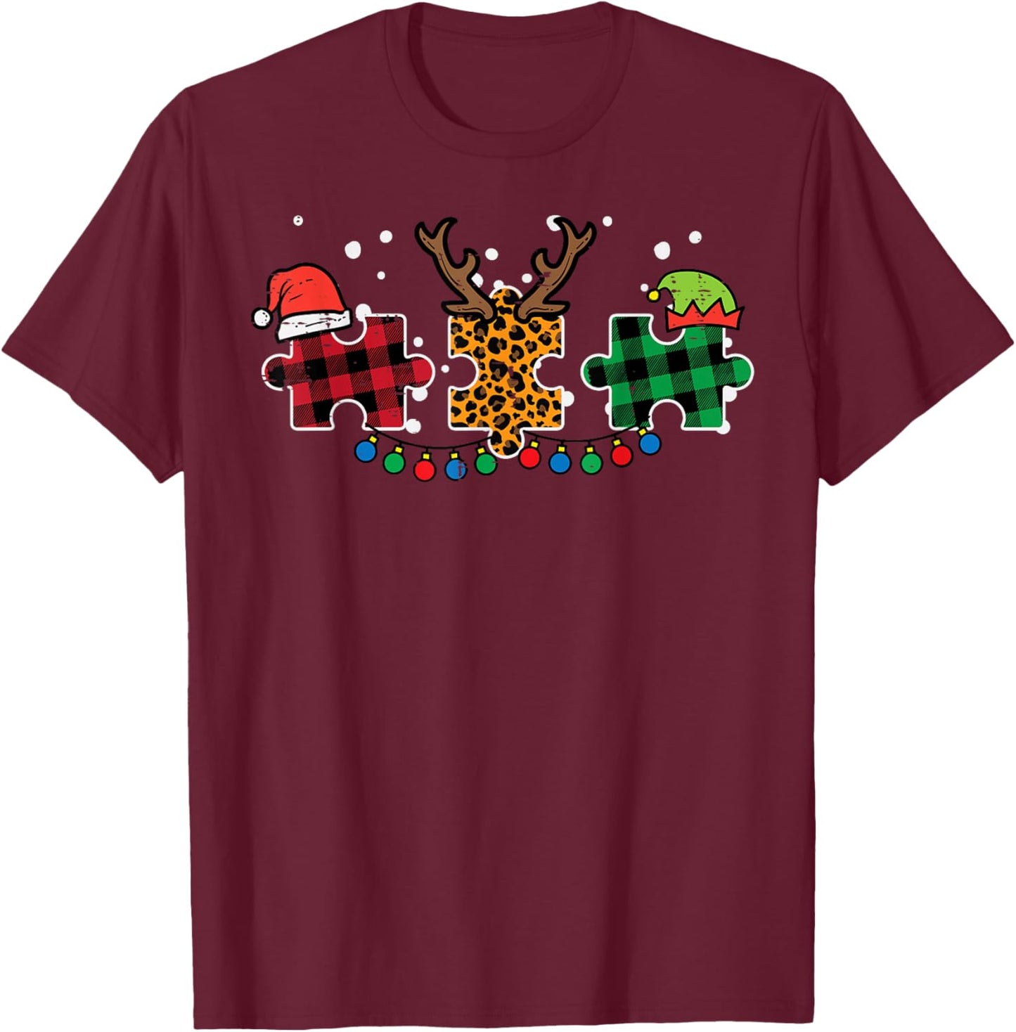 Christmas Leopard Plaid Puzzle Autism Xmas Men Women Kids T-Shirt - T-Shirt | Maroon