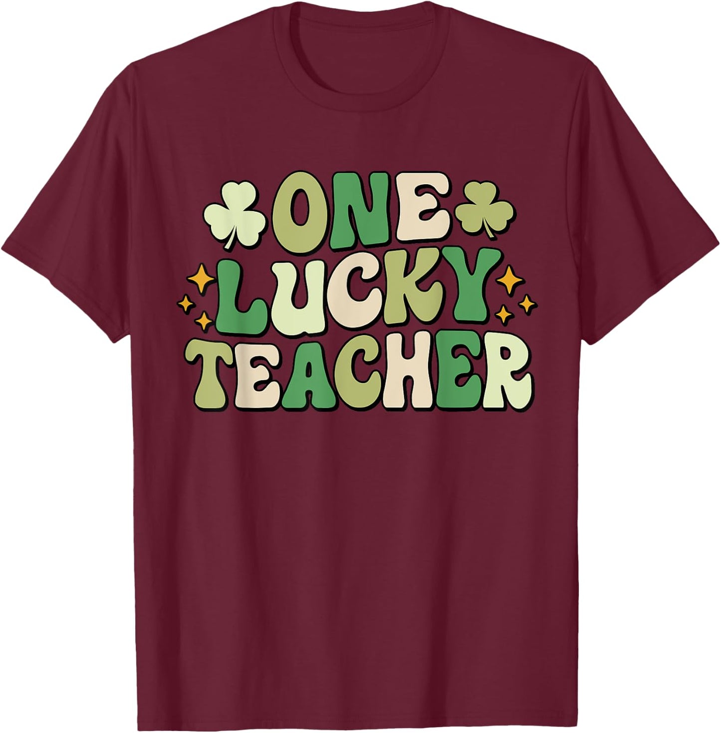 One Lucky Teacher Groovy Retro Teacher St Patrick's Day Men Women Girls Kids T-Shirt - T-Shirt | Maroon