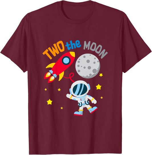 Kids Two The Moon 2nd Birthday Gift 2 Year Old Astronaut Bday Boy T-Shirt - T-Shirt | Maroon