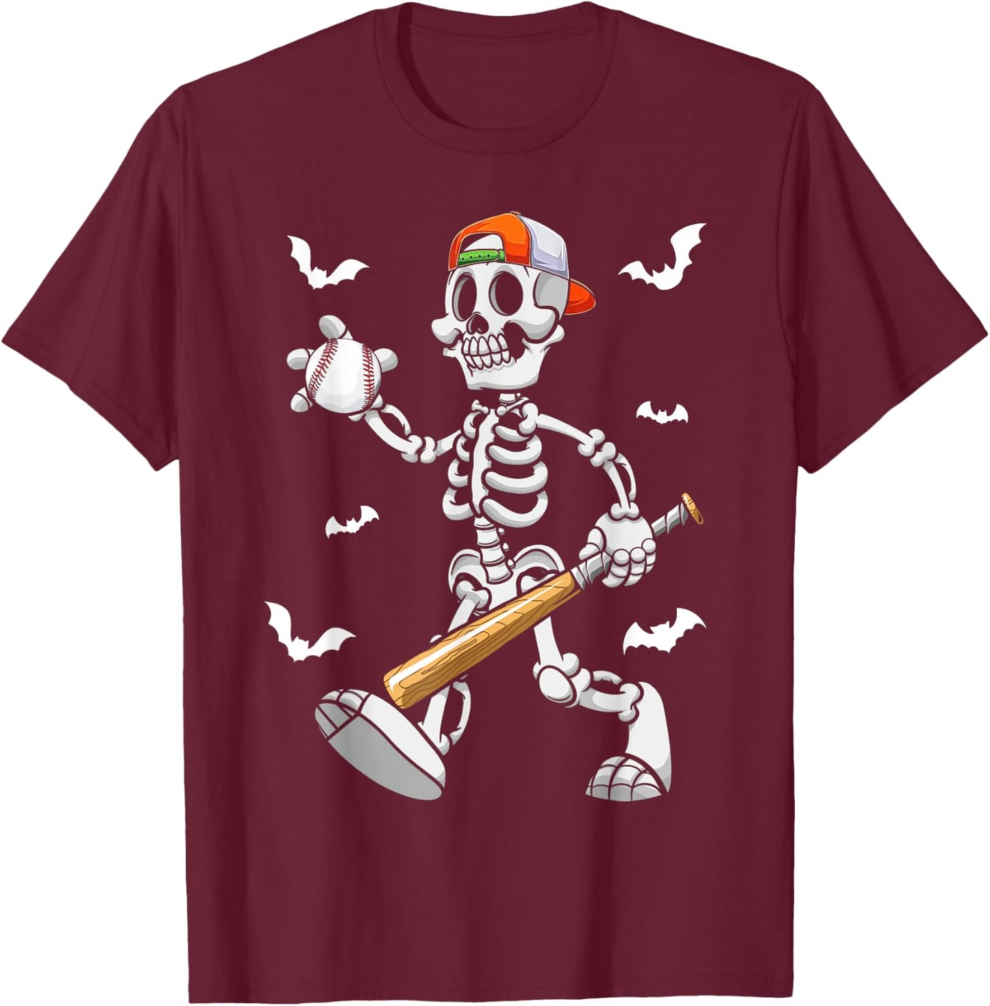 Cool Skeleton Baseball Lover Halloween Baseball Player T-Shirt - T-Shirt | Maroon