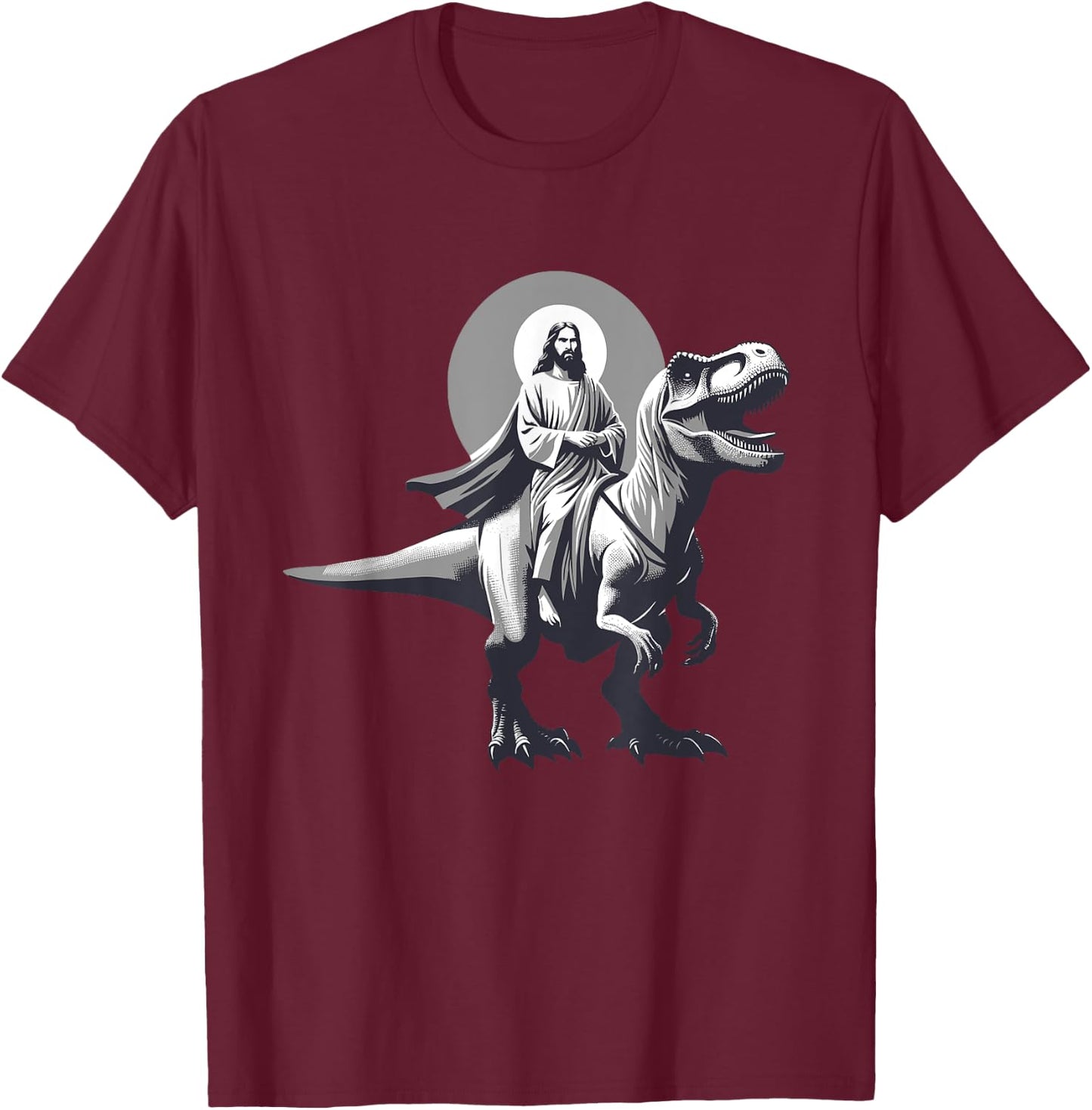 Funny Jesus Riding T-Rex Dinosaur Meme Parody for Believers T-Shirt - T-Shirt | Maroon