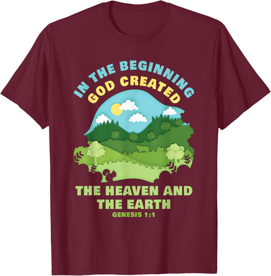 Genesis 1:1 In The Beginning GOD Created – Kids Faith Verse T-Shirt - T-Shirt | Maroon