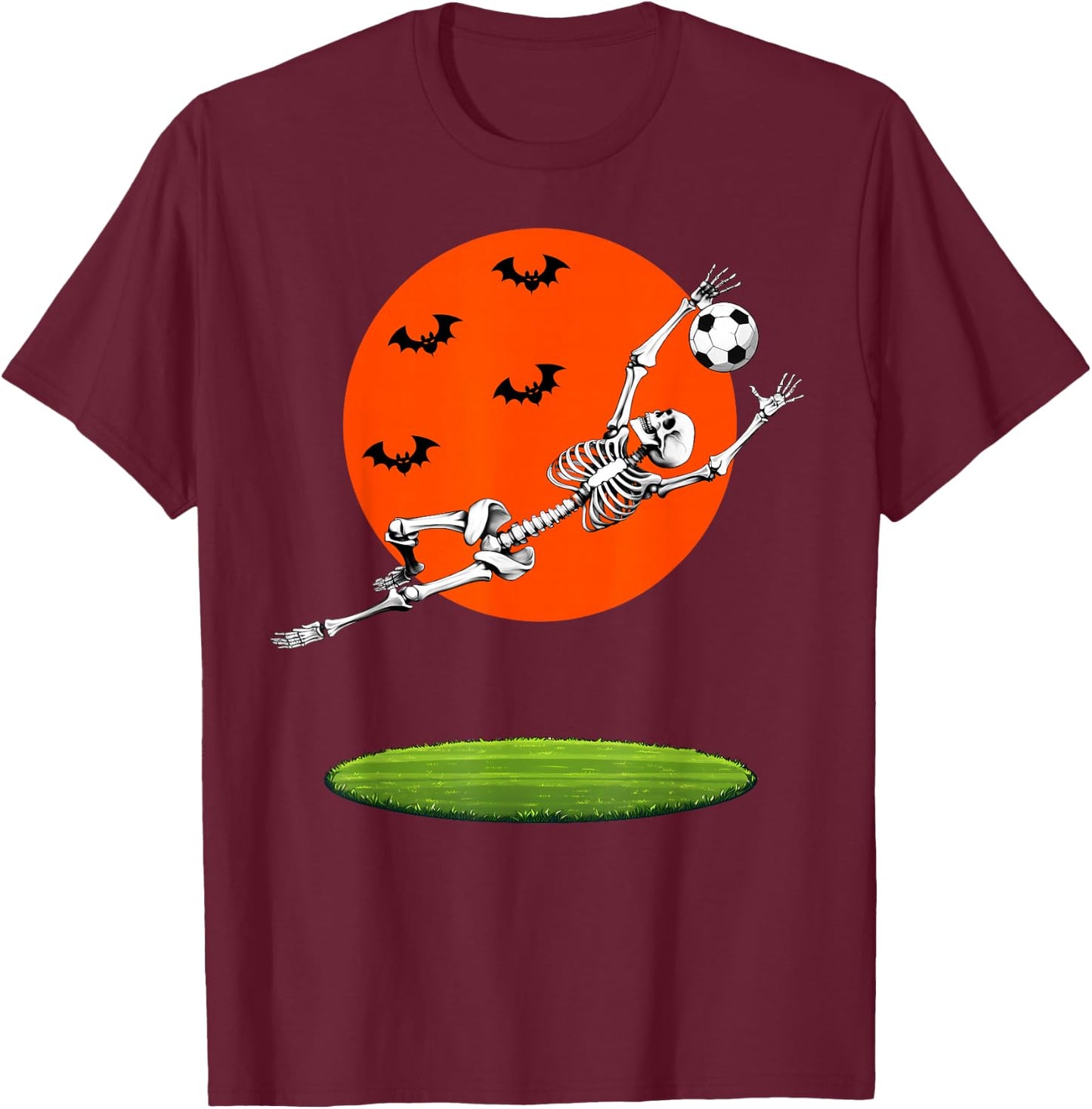 Soccer Skeleton Soccer Player Goalie Halloween Sports Moon T-Shirt - T-Shirt | Maroon