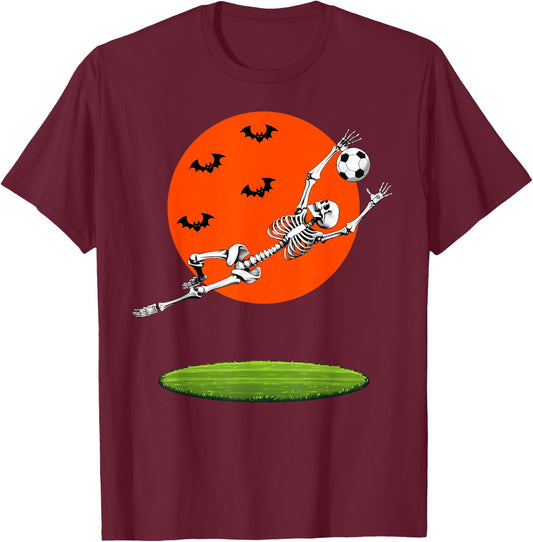 Soccer Skeleton Soccer Player Goalie Halloween Sports Moon T-Shirt - T-Shirt | Maroon