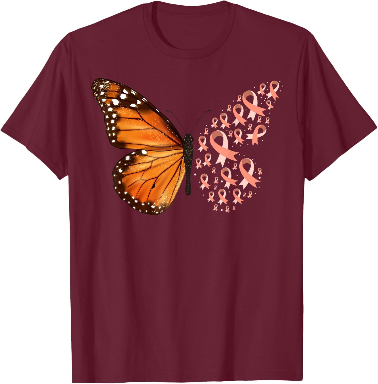 Endometrial Cancer Awareness Butterfly Peach Ribbon Month T-Shirt - T-Shirt | Maroon