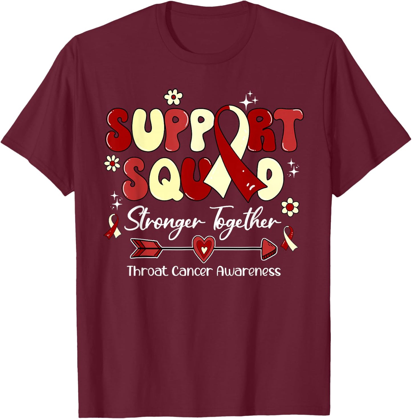 Groovy Support Squad Burgundy Ribbon Throat Cancer Awareness T-Shirt - T-Shirt | Maroon