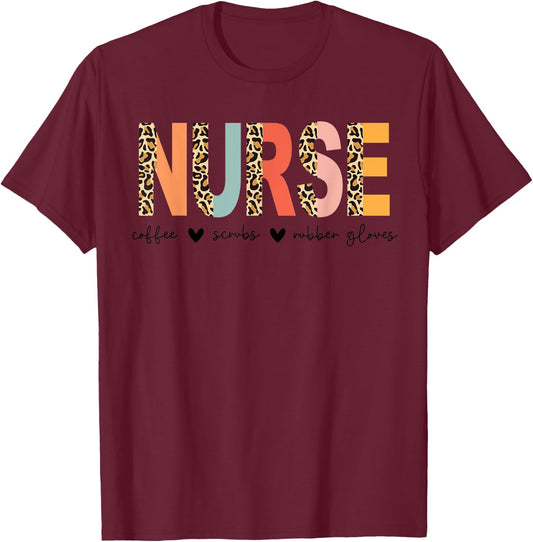 Nurse Coffee Scrubs Rubber Gloves Trendy Half Cheetah Letter T-Shirt - T-Shirt | Maroon