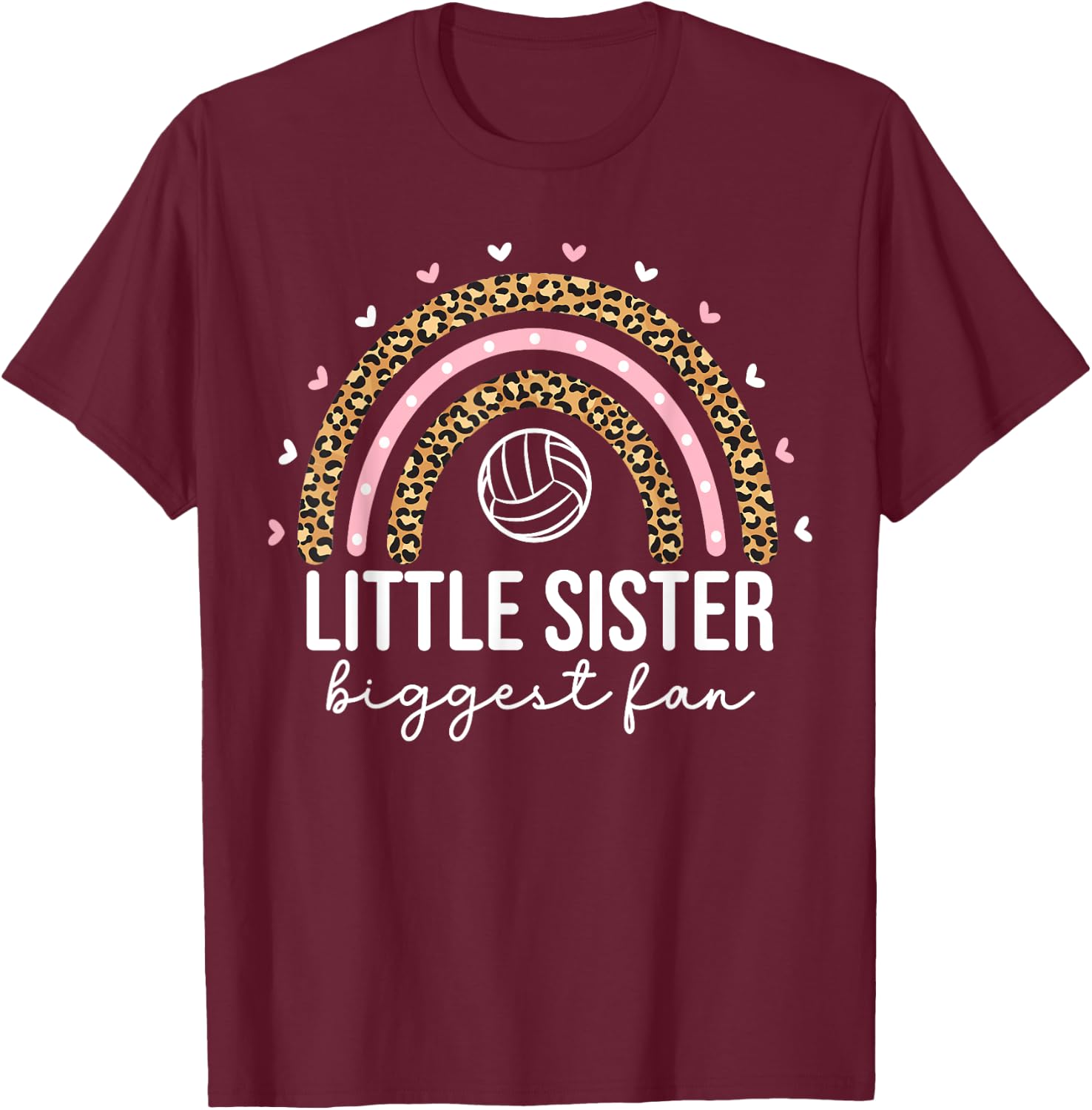 Cute Volleyball Little Sister For Girls Kids Leopard Rainbow T-Shirt - T-Shirt | Maroon