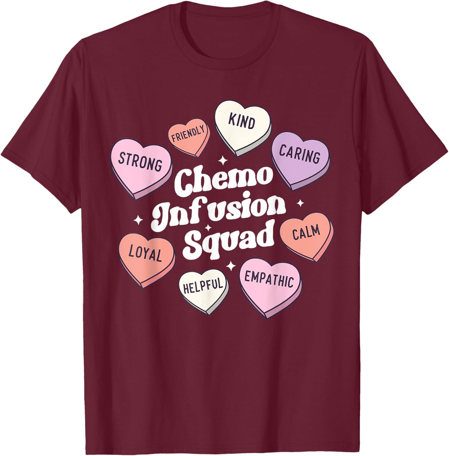 Valentines Day Chemo Infusion Nurse Oncology Groovy Hearts T-Shirt - T-Shirt | Maroon