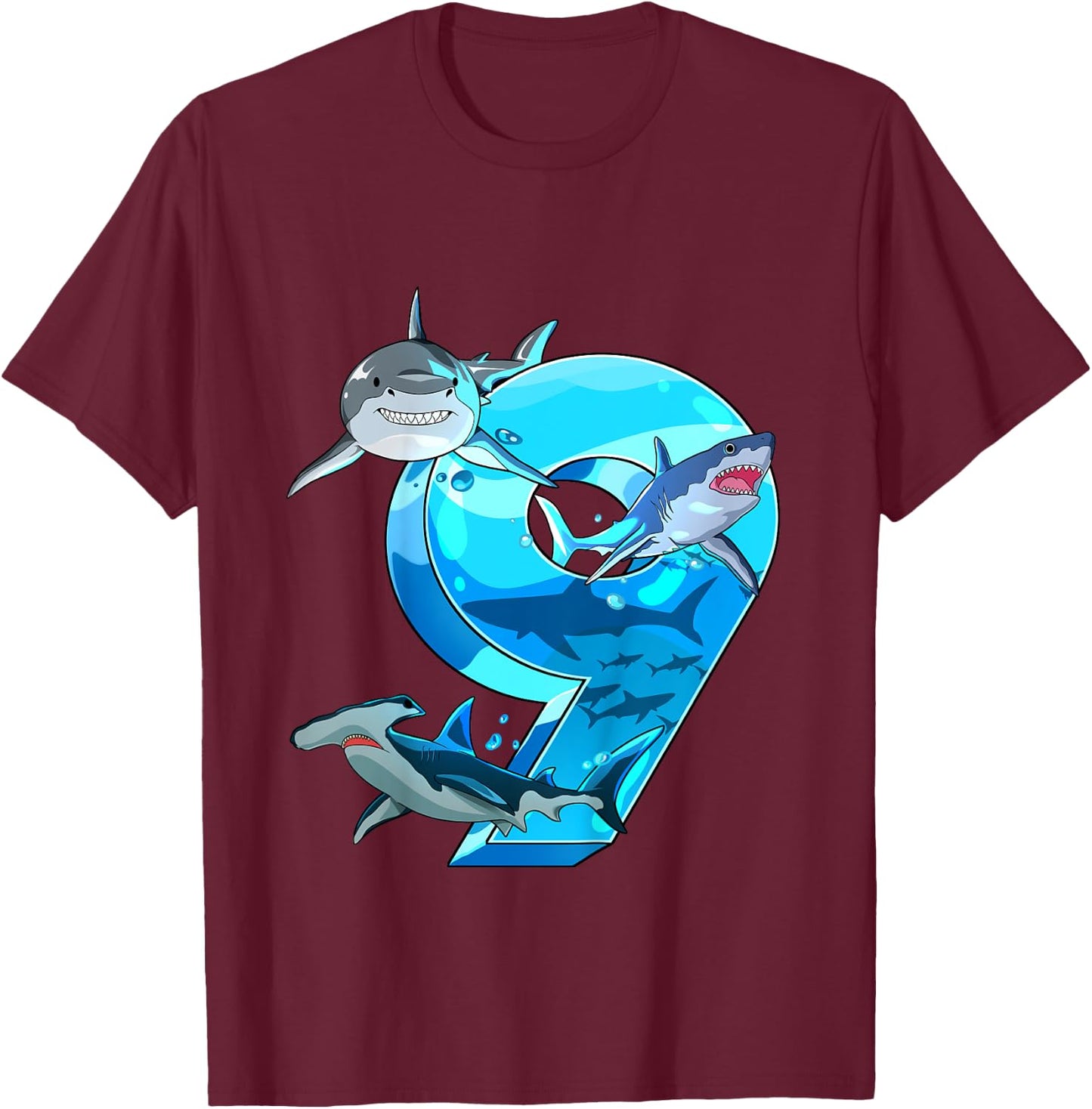 Kids Shark Boy 9 Years Birthday Child Children Birthday T-Shirt - T-Shirt | Maroon