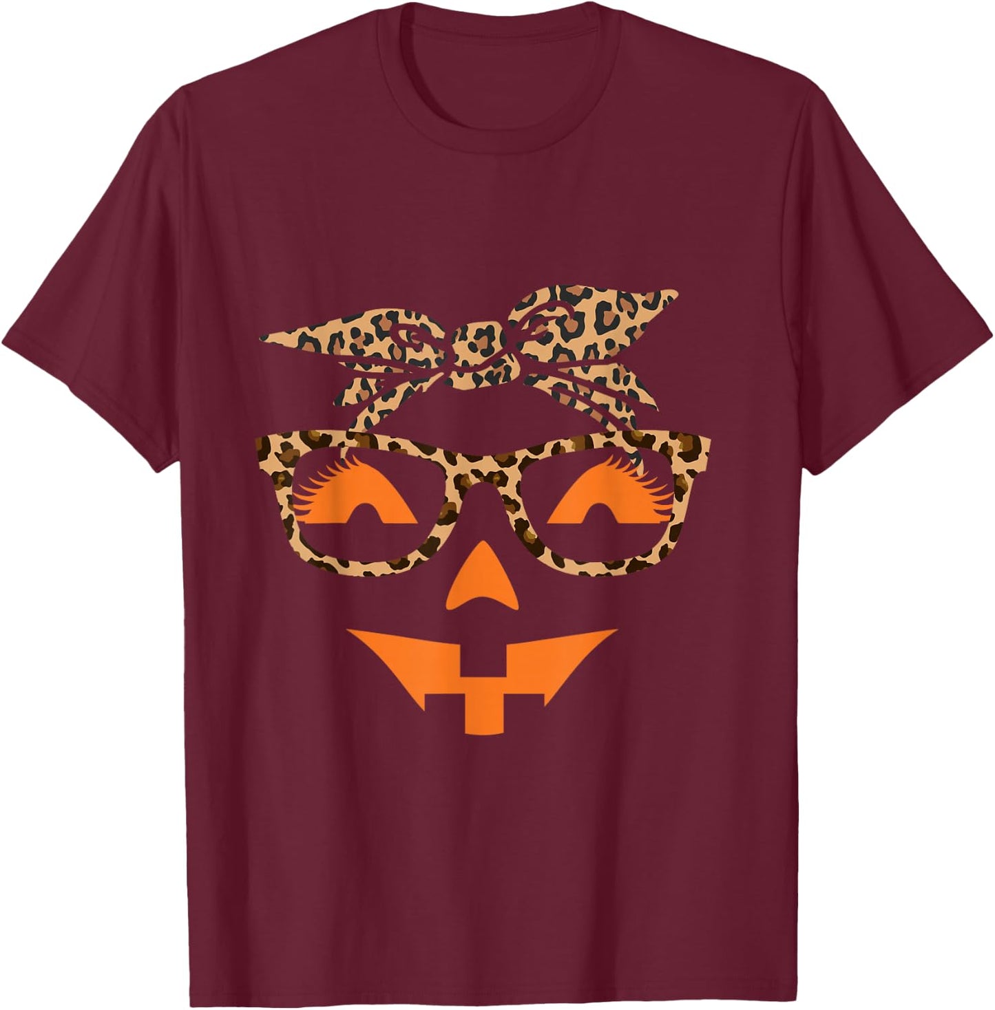 Jack O Lantern Face Leopard Halloween Pumpkin Women T-Shirt - T-Shirt | Maroon