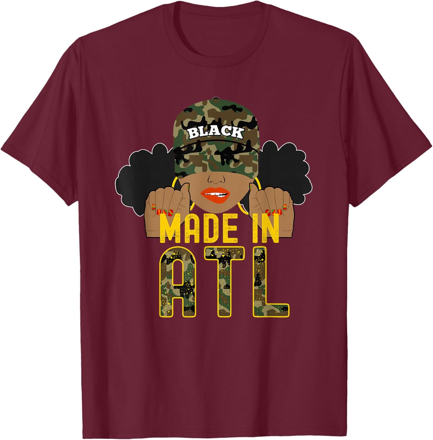 From ATL Atlanta ATLien Black Woman Camo T-Shirt - T-Shirt | Maroon