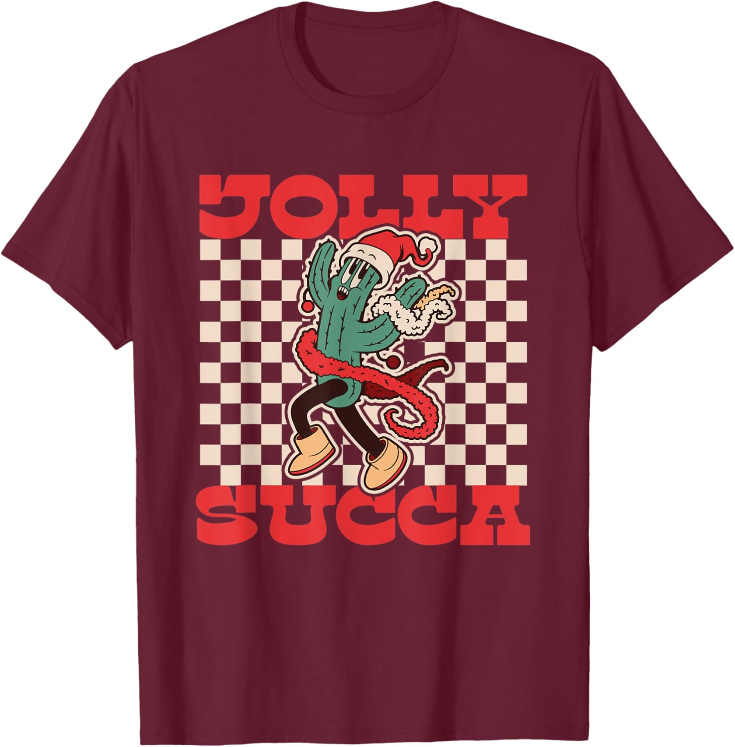 Jolly Succa | Succulent | Retro Cartoon Christmas Cactus T-Shirt - T-Shirt | Maroon