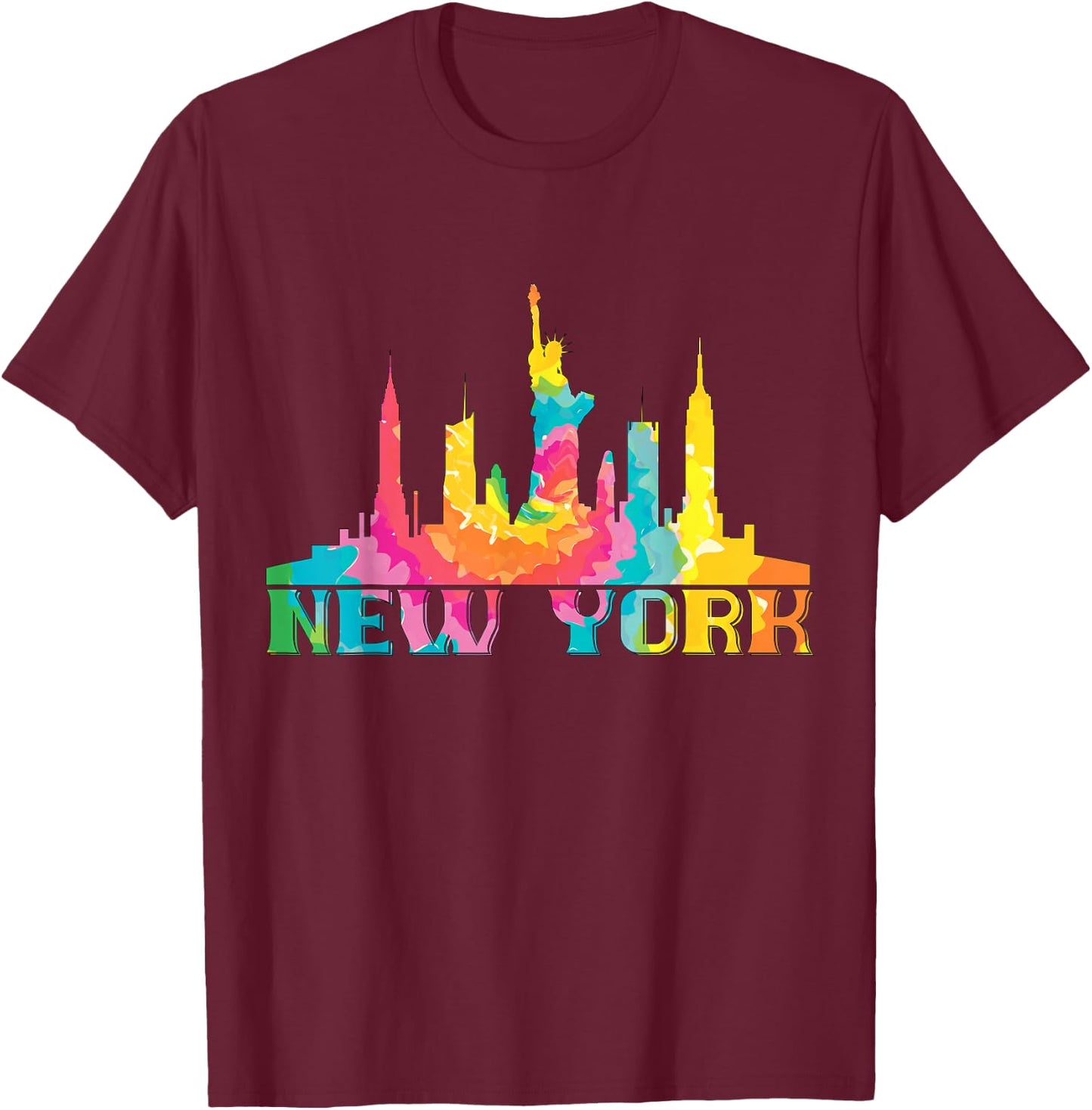 New York City Skyline NYC Tie Dye Liberty I Love New York T-Shirt - T-Shirt | Maroon