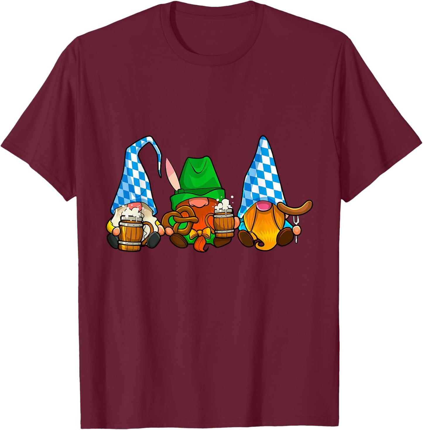 Oktoberfest Gnomes Funny Sausage Bratwurst German Party T-Shirt - T-Shirt | Maroon