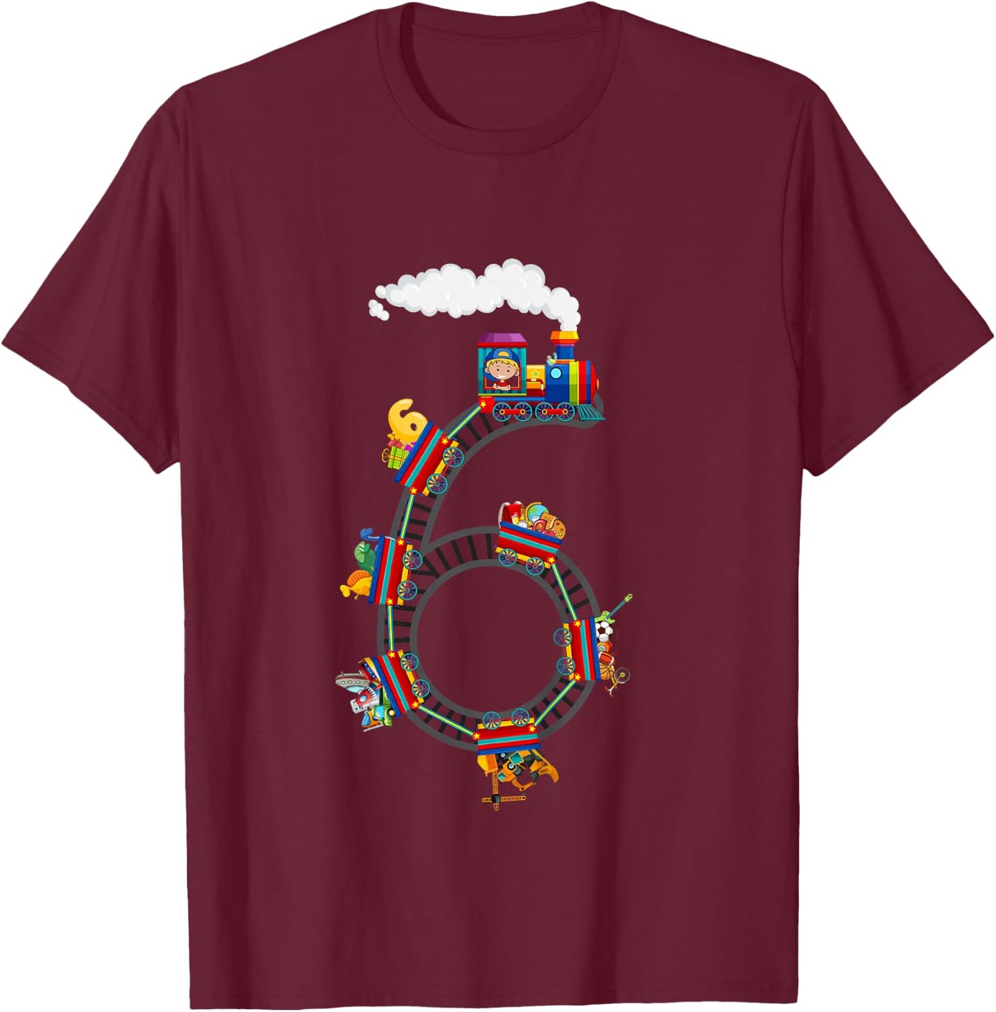 6 Year Old Kids Train 6th Birthday Train Themed Party T-Shirt - T-Shirt | Maroon