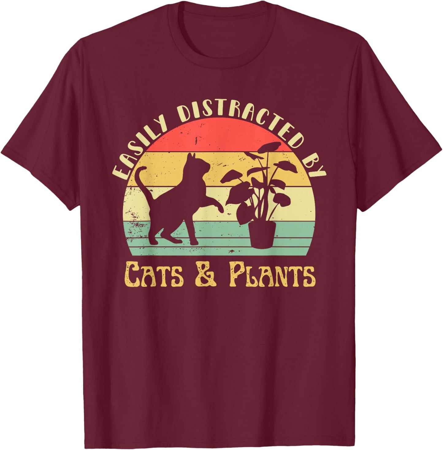 Retro Pet Cat Plant Lover Easily Distracted by Plants & Cats T-Shirt - T-Shirt | Maroon