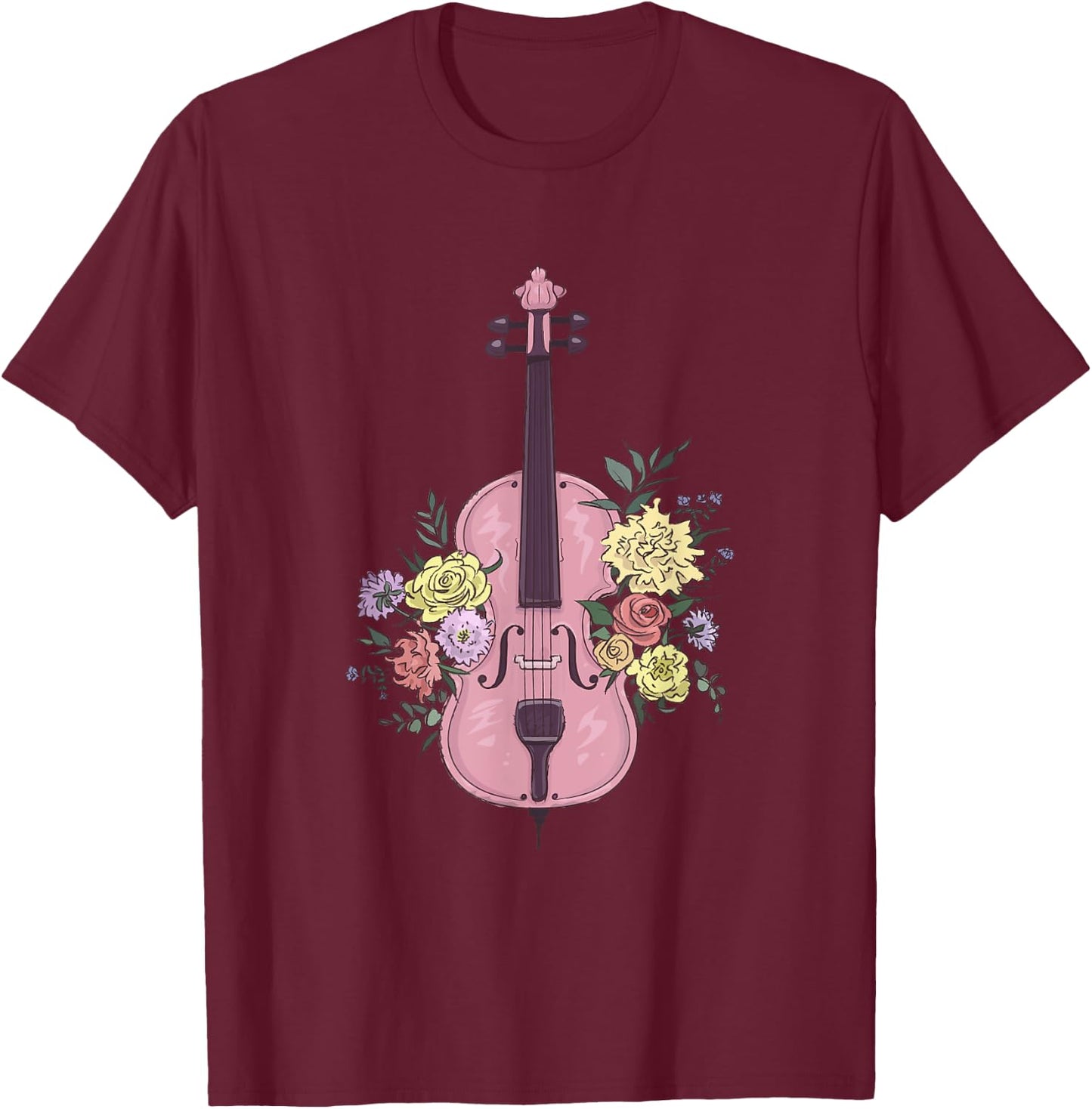 Vintage Fiddle With Flowers Accessory Floral Violin T-Shirt - T-Shirt | Maroon