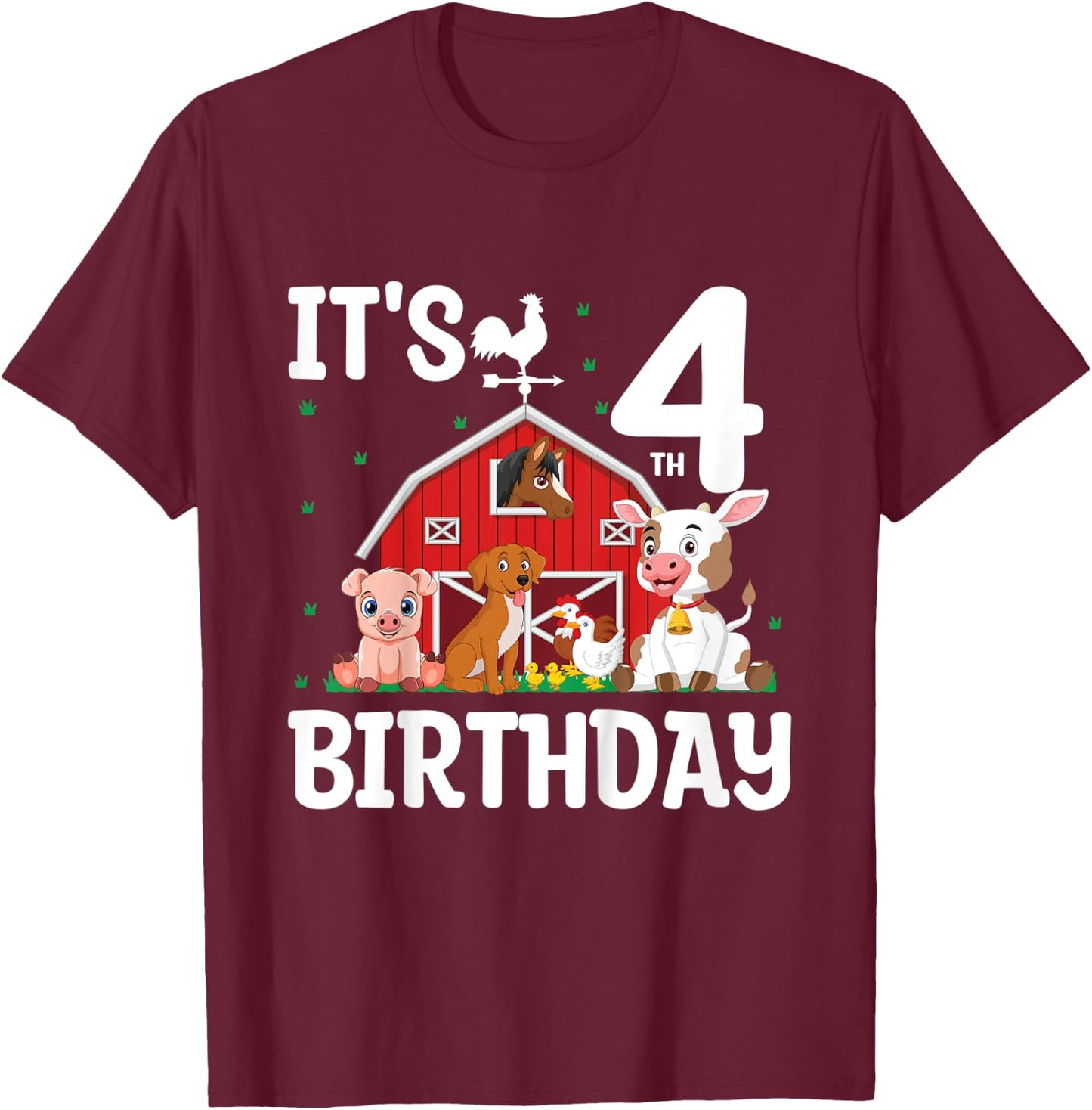 Kids It's My 4th Birthday Farm Animal 4 Years Old Birthday Party T-Shirt - T-Shirt | Maroon