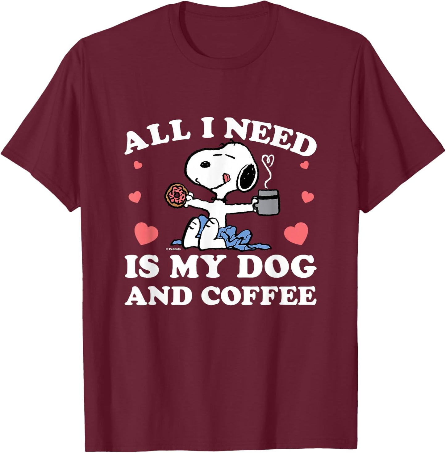 Peanuts - Snoopy All I Need My Dog And Coffee Hearts T-Shirt - T-Shirt | Maroon