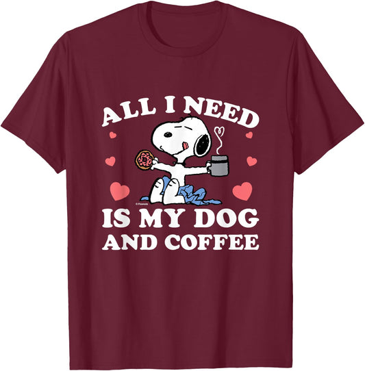 Peanuts - Snoopy All I Need My Dog And Coffee Hearts T-Shirt - T-Shirt | Maroon