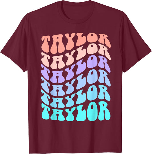 Girl Retro Taylor First Name Personalized Groovy Birthday T-Shirt - T-Shirt | Maroon