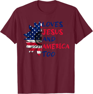 Loves Jesus And America Too Sunflower 4th Of July T-Shirt - T-Shirt | Maroon