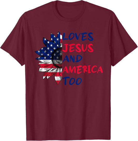 Loves Jesus And America Too Sunflower 4th Of July T-Shirt - T-Shirt | Maroon