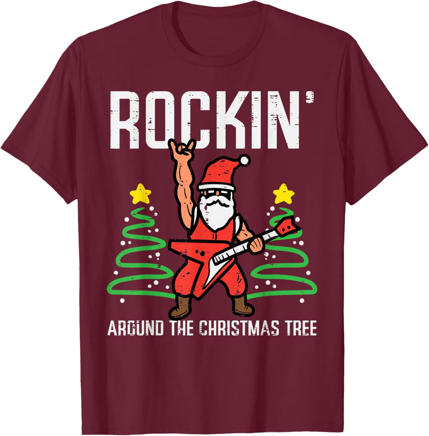 Santa Guitar Rockin Christmas Tree Funny Xmas Rocker Men Boy T-Shirt - T-Shirt | Maroon
