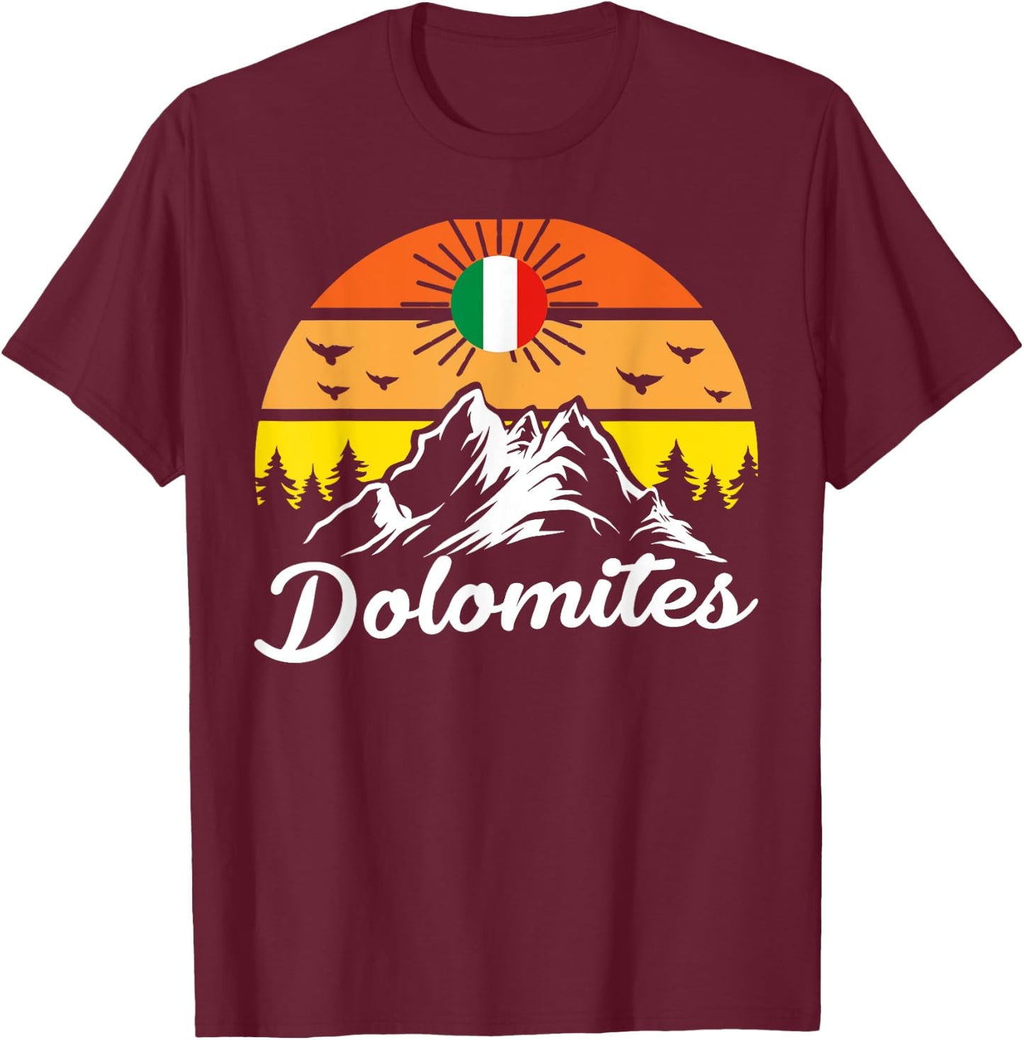 Dolomites Motif Mountains Retro Sun T-Shirt - T-Shirt | Maroon