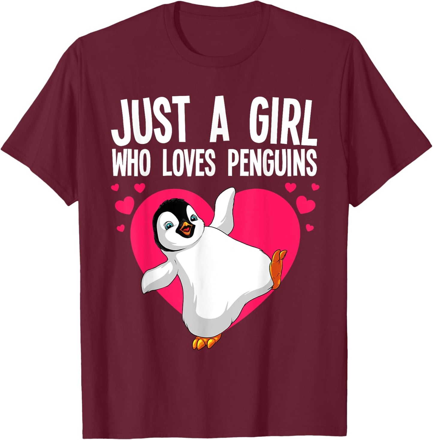 Funny Penguin Design Girls Kids Aquatic Bird Lover T-Shirt - T-Shirt | Maroon