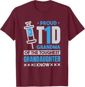 Proud T1D Grandma , Type 1 Diabetes and Diabetic T-Shirt - T-Shirt | Maroon