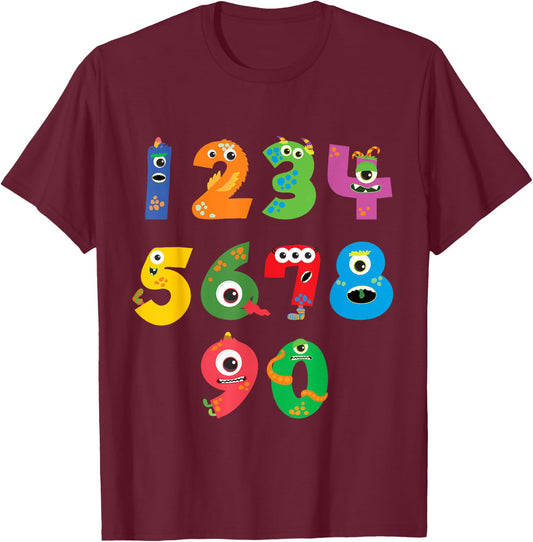 Monster Numbers Learning Cute Numbers 0-9 Back to School T-Shirt - T-Shirt | Maroon