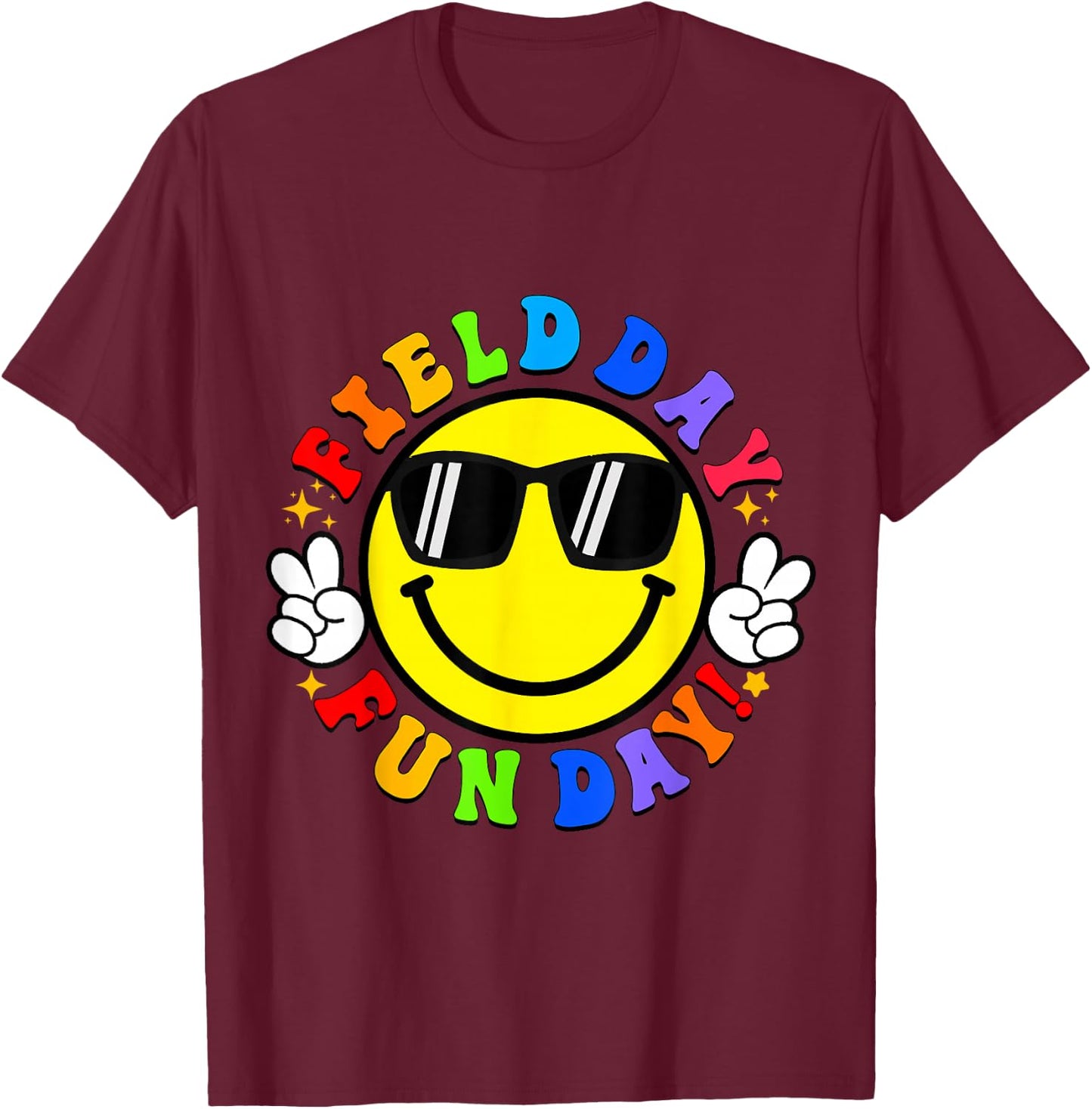 Smile Face Happy Field Day Retro Groovy Field Day 23 Hippie T-Shirt - T-Shirt | Maroon