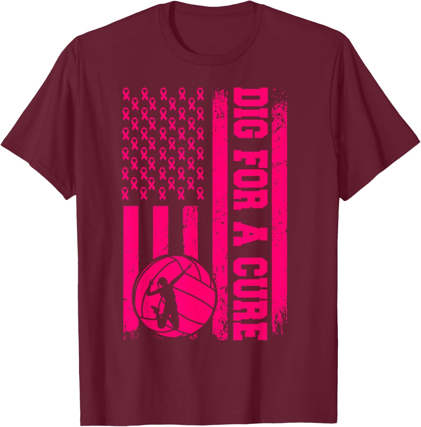 Dig For A Cure Breast Cancer Volleyball Pink American Flag T-Shirt - T-Shirt | Maroon